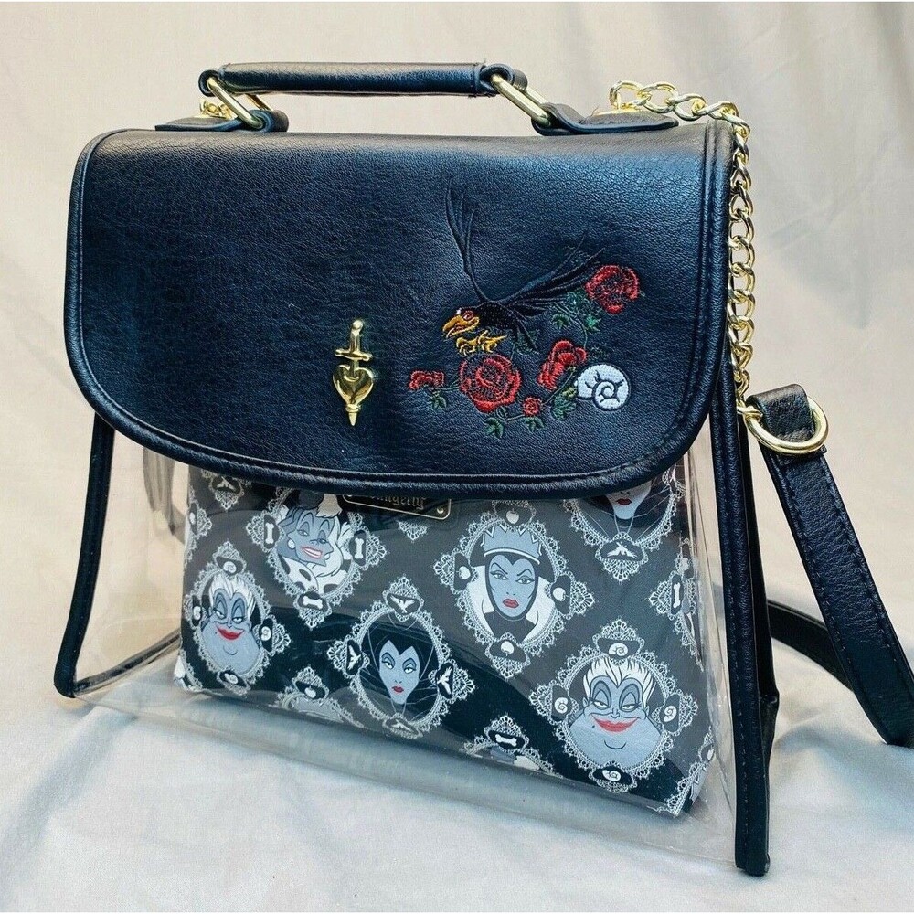 Loungefly Disney Evil Villains Queens PVC Clear Damask AOP Crossbody Bag Purse